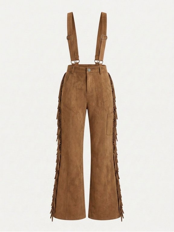 Women's Wide Leg Sueded Ribbed Knit Suspender Trousers with Side Fringe and Cargo Pockets for Nashville Country Concerts
