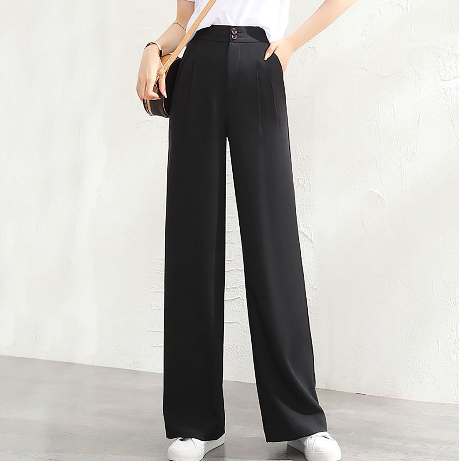 The Effortless Tailored Wide Leg Pants,Women's Casual Wide Leg High Waisted  Straight Long Trousers Dress Pants,Fashion Solid Color Loose Business Work Suit  Pants for Women. (L, Black) at  Women's Clothing store