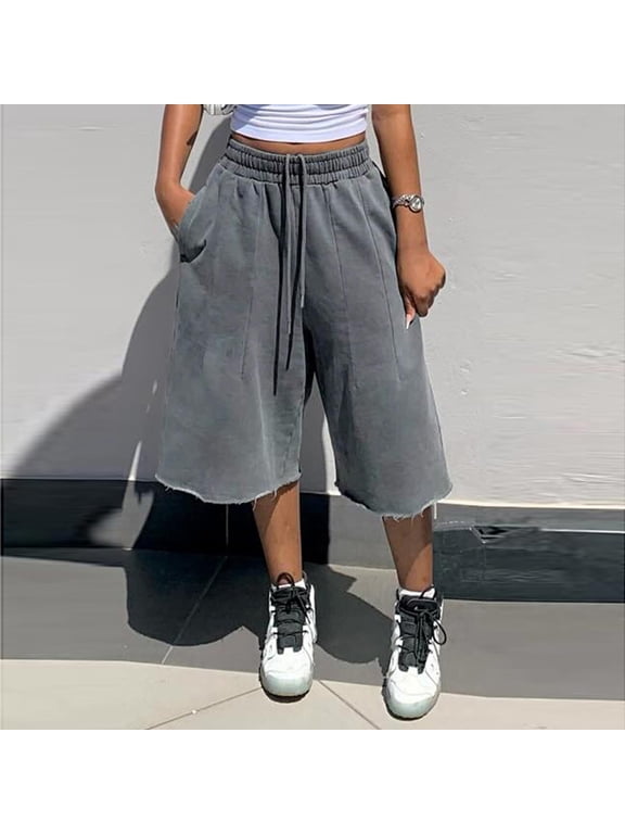 Women's Wide Leg Sweat Bermuda Shorts - Drawstring Elastic Waist Frayed Hem Casual Lounge Shorts with Pockets Gray L