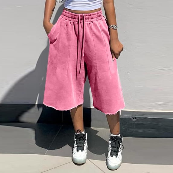 Women's Wide Leg Sweat Bermuda Shorts - Drawstring Elastic Waist Frayed Hem Casual Lounge Shorts with Pockets Pink XL