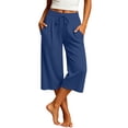 thumbnail image 1 of Women's Wide Leg Sweat Pants Comfy Elastic Drawstring Waist Yoga Capri Pants with Pockets Soft Stretch Lounge Cropped Trousers Streetwear Blue, 1 of 9