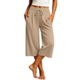 thumbnail image 1 of Women's Wide Leg Sweat Pants Comfy Elastic Drawstring Waist Yoga Capri Pants with Pockets Soft Stretch Lounge Cropped Trousers Streetwear Khaki, 1 of 9