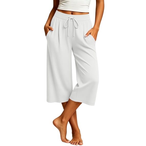 Women's Wide Leg Sweat Pants Comfy Elastic Drawstring Waist Yoga Capri Pants with Pockets Soft Stretch Lounge Cropped Trousers Streetwear White