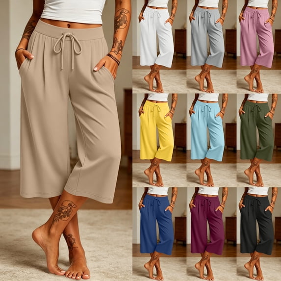 Women's Wide Leg Sweat Pants Comfy Elastic Drawstring Waist Yoga Capri Pants with Pockets Soft Stretch Lounge Cropped Trousers Streetwear Yellow