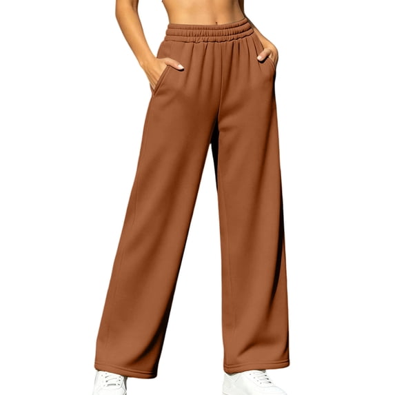 Women's Wide Leg Sweatpants Baggy Elastic High Waist Joggers Solid Color Fall Fashion Trousers with Pockets (L, Coffee)
