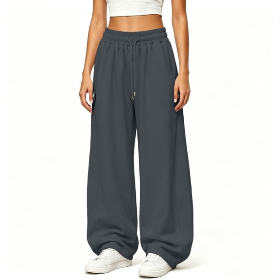 Women's Wide Leg Sweatpants Comfy Athletic Lounge Pants Dark Gray Drawstring Elastic Waist Trousers with Pockets Size S