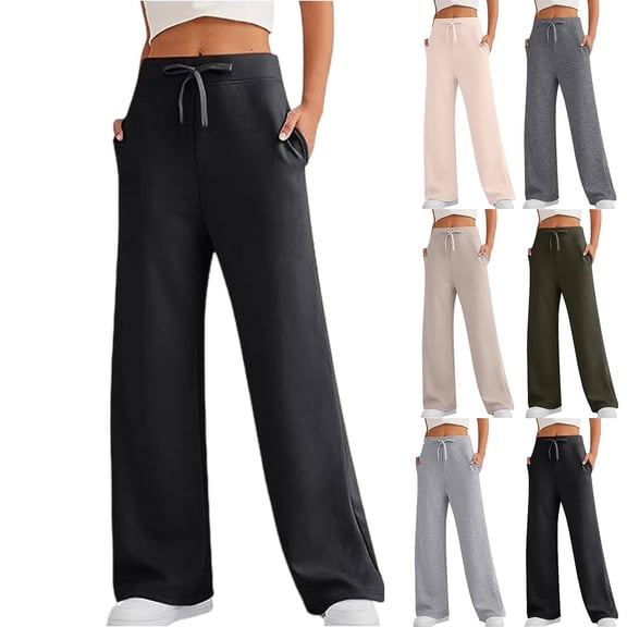 Women's Wide Leg Sweatpants Double Waisted Baggy Sweat Pants with Pockets Fashion Casual Gym Fall Winter Clothes Black L