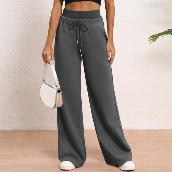 Women's Wide Leg Sweatpants Double Waisted High Elastic Side Pockets Pant Casual Baggy Solid Color Workout Sports Pants with Drawstring Fall Winter Trendy Sweatpant 2025