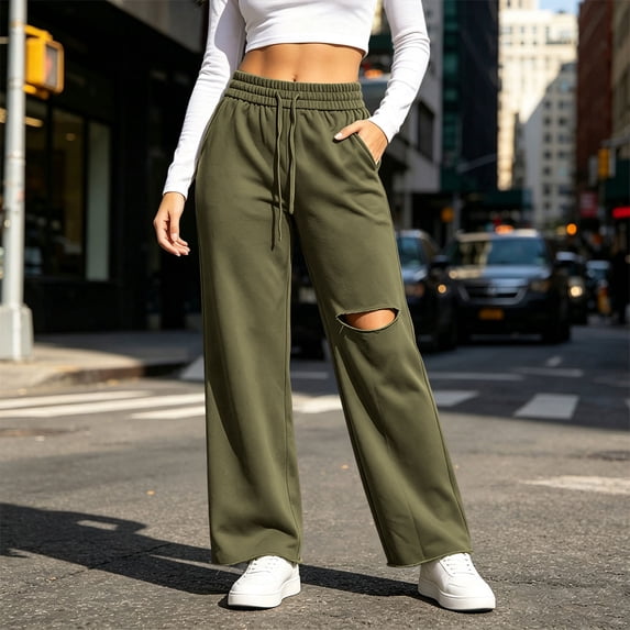 Women's Wide Leg Sweatpants Drawstring Distressed Hole Design Straight Style Side Pockets Loose Streetwear Casual Athletic Trousers, Sweatpants Y2K Army Green S