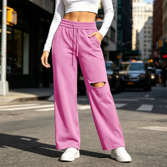 Women's Wide Leg Sweatpants Drawstring Distressed Hole Design Straight Style Side Pockets Loose Streetwear Casual Athletic Trousers, Sweatpants Y2K Pink XXL