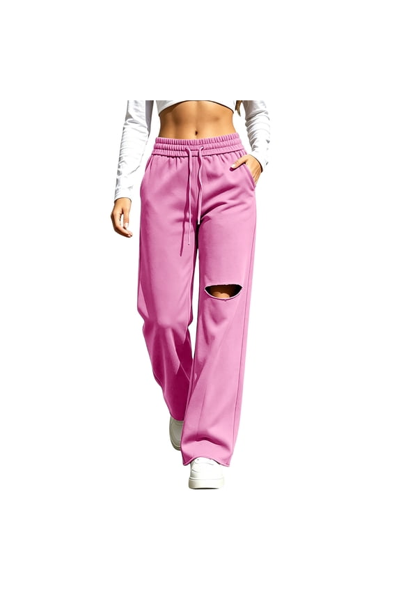 Women's Wide Leg Sweatpants, Drawstring Elastic Waist Ripped Hole Loose Casual Joggers, Soft Comfy Loungewear Trousers with Pockets