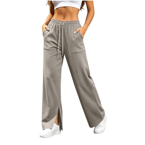Women's Wide Leg Sweatpants Drawstring Elastic Waist Straight Leg Pants with Pockets Side Slit Loose Fit Casual Athletic Lounge Trousers