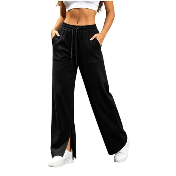 Women's Wide Leg Sweatpants Drawstring Elastic Waist Straight Leg Pants with Pockets Side Slit Loose Fit Casual Athletic Lounge Trousers