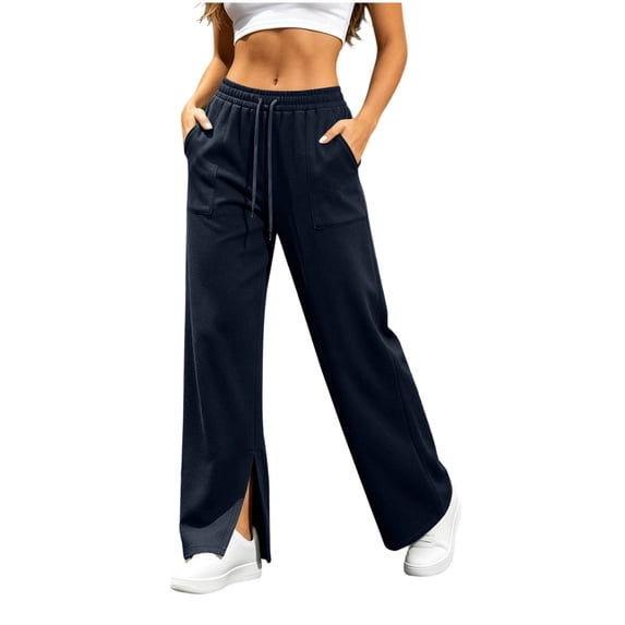 Women's Wide Leg Sweatpants Drawstring Elastic Waist Straight Leg Pants with Pockets Side Slit Loose Fit Casual Athletic Lounge Trousers