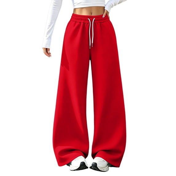 Women's Wide Leg Sweatpants Elastic Waist Drawstring Casual Joggers Loose Fit Track Pants Plus Size Comfortable Streetwear Red XL
