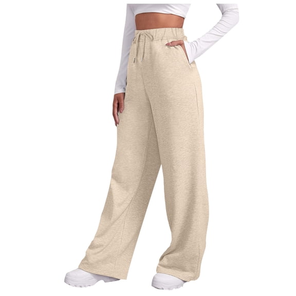 Women's Wide Leg Sweatpants Lined Baggy Straight Leg Drawstring Solid Pants Fall Outfits Athletic Joggers with Pockets Z004-Beige L
