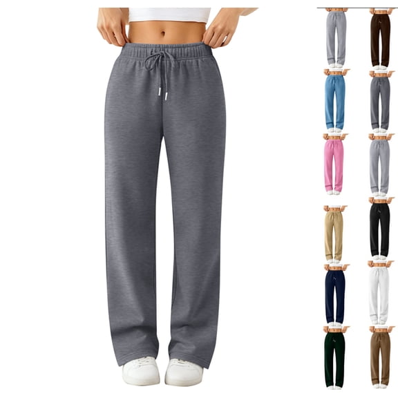 Women's Wide Leg Sweatpants Fleece Lined Baggy Straight Leg Lounge Pants Fall Athletic Joggers with Pockets,Dark Gray L