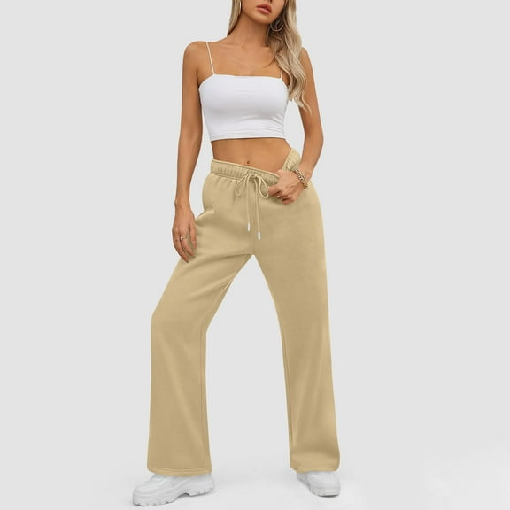 Women's Wide Leg Sweatpants Fleece Lined Baggy Straight Leg Lounge Pants Fall Outfits Athletic Joggers with Pockets Gold M