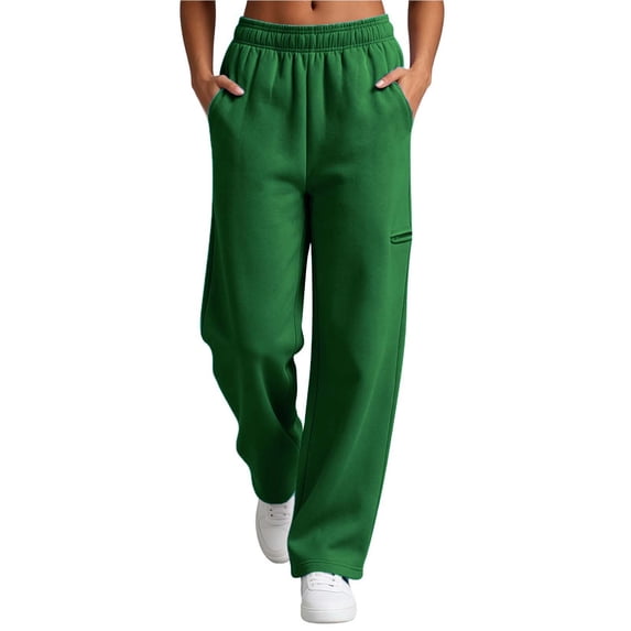 Women's Wide Leg Sweatpants, Full Elastic Waist, Zipper Side Pocket, Soft Knit Loose Casual Trousers Daily Street Workout Pants Green,L