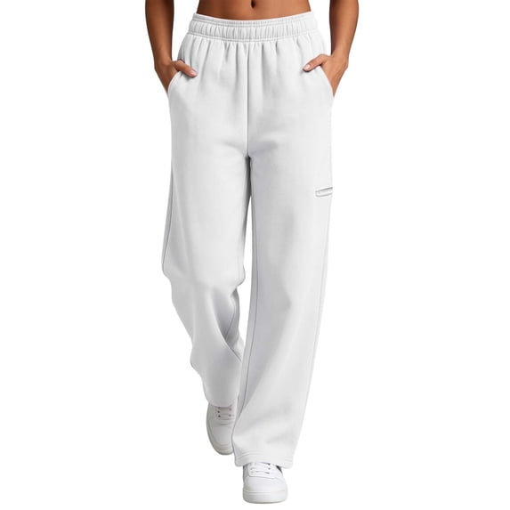 Women's Wide Leg Sweatpants, Full Elastic Waist, Zipper Side Pocket, Soft Knit Loose Casual Trousers Daily Street Workout Pants White,L