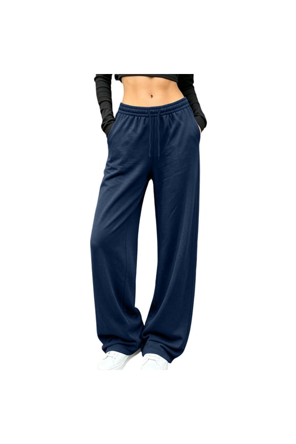 Women's Wide Leg Sweatpants High Elastic Waisted Loose Pants Drawstring Fleece Lined Sweat Pants with Pockets Navy M