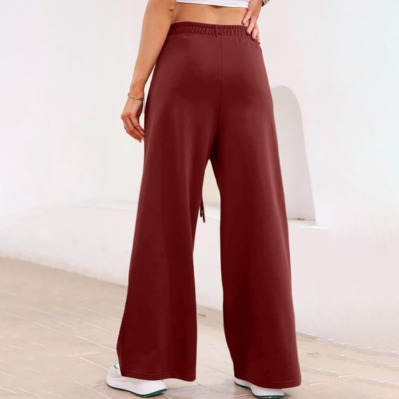 Women's Wide Leg Sweatpants High Waisted Drawstring Side Slit Casual Pants Wine L