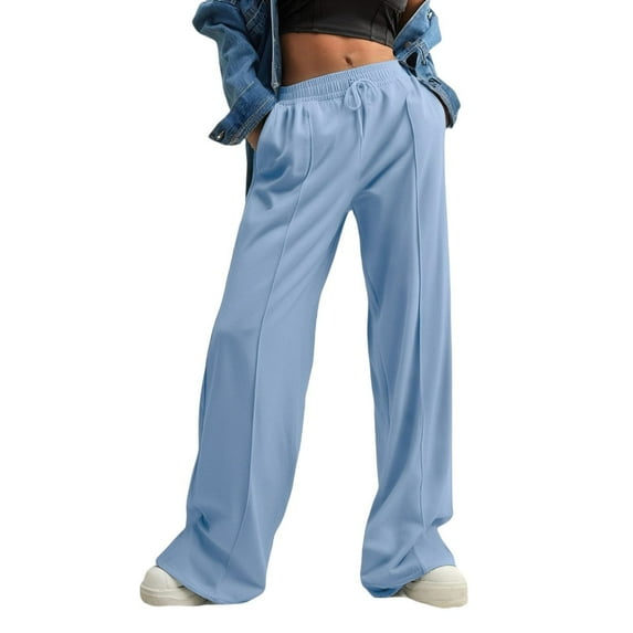 Women's Wide Leg Sweatpants Jogger Baggy Comfy Casual Pants Fashion Solid Color Lounge Running Sport Trouser Light Blue Medium