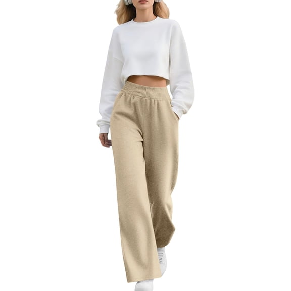 Women's Wide Leg Sweatpants, Loose Fit High Waist Joggers, Elastic Waistband Casual Pants with Pockets, Straight Leg Lounge Pants, Comfortable Athletic Wear, 2025 Fall Fashion Khaki S