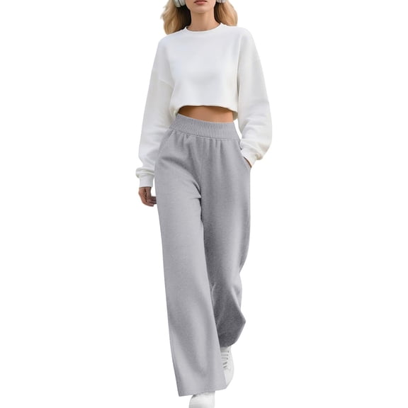 Women's Wide Leg Sweatpants, Loose Fit High Waist Joggers, Elastic Waistband Casual Pants with Pockets, Straight Leg Lounge Pants, Comfortable Athletic Wear, 2025 Fall Fashion Light Ashy S