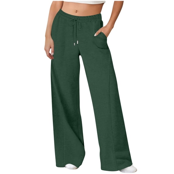 Women's Wide Leg Sweatpants - Military Green Drawstring Casual Pants with Pockets, Loungewear & Outdoor Wear, Size S-XXL