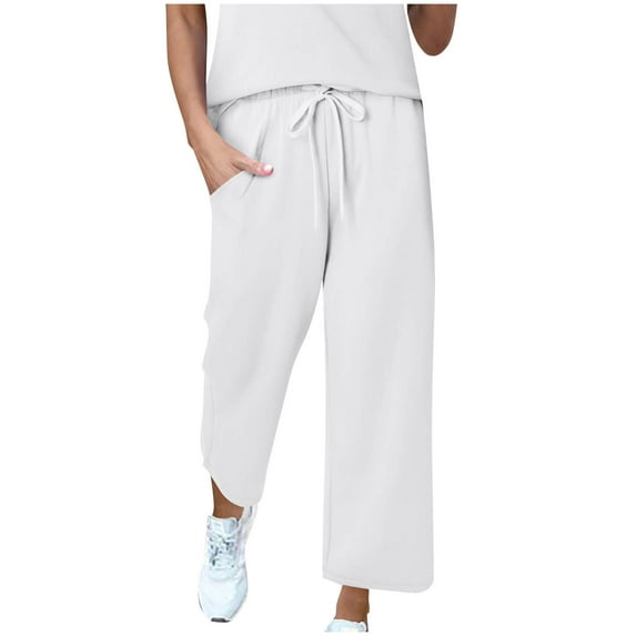 Women's Wide Leg Sweatpants Solid Color Stretch Straight Pants with Side Pockets Casual Loose High Waisted Workout Running Trousers