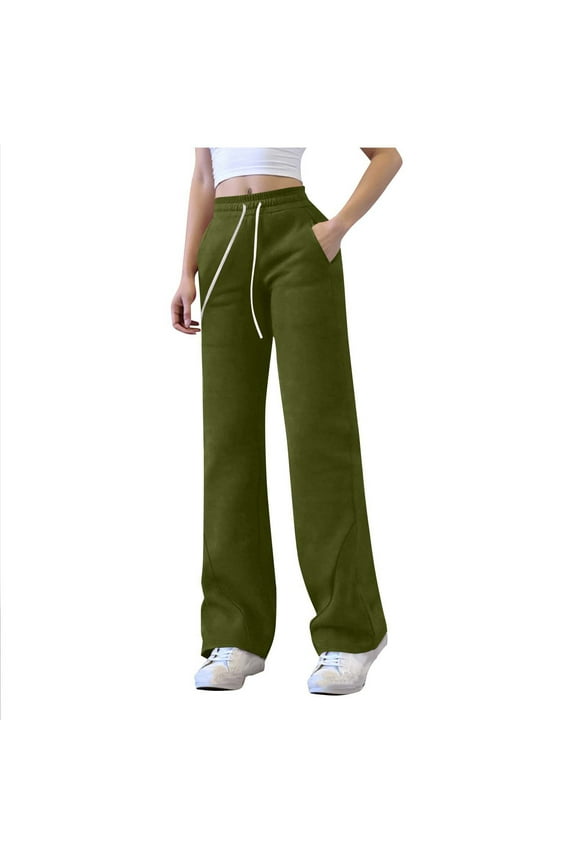 Women's Wide Leg Sweatpants Solid Elastic Cuffs Straight Leg Lounge Pants with Pockets Olive Green L