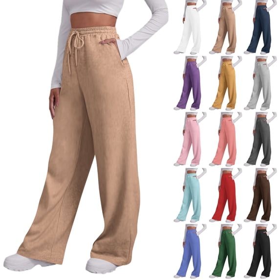 Women's Wide Leg Sweatpants Solid High Waisted Loose Fit Joggers with Pockets Soft Casual Lounge Pants for Everyday Wear