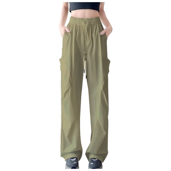 Women's Wide Leg Sweatpants Sports Baggy Bottom Trousers Casual Stretch Drawstring Elastic Waist Pants (L, Khaki)