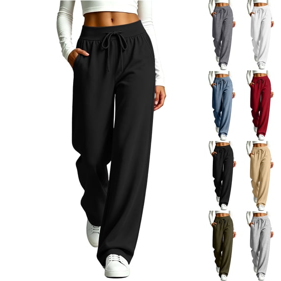 Women's Wide Leg Sweatpants With High Waist Drawstring Elastic Waist Casual Loose Fit Jogger Solid Color Matte Sweatpants with Side Pockets