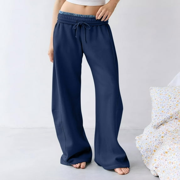 Women's Wide Leg Sweatpants with Interior Drawstring Waist Baggy Barrel Leg Casual Lounge Pants Comfort Fit Athletic Wear Navy XXL