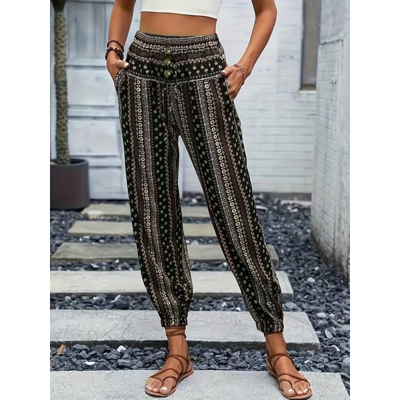 Women's Wide Leg Tribal Print Smocked Pants High Elastic Waisted Bobo Pants