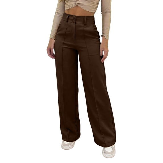 Women's Wide Leg Trousers - High Waist Solid Color Palazzo Pants, Minimalist Double Button Front Casual & Work Pants Brown L