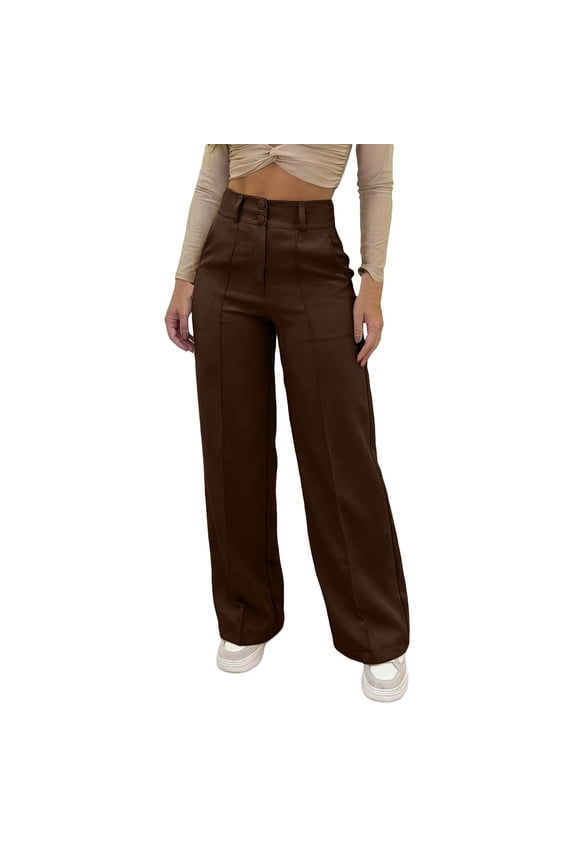 Women's Wide Leg Trousers - High Waist Solid Color Palazzo Pants, Minimalist Double Button Front Casual & Work Pants Brown M