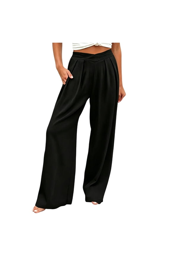 Women's Wide Leg Trousers with Wrap Waist and Side Pockets, Loose Sizing Breathable Pants for Work, Travel, and Everyday Ease, Versatile Wardrobe Basic