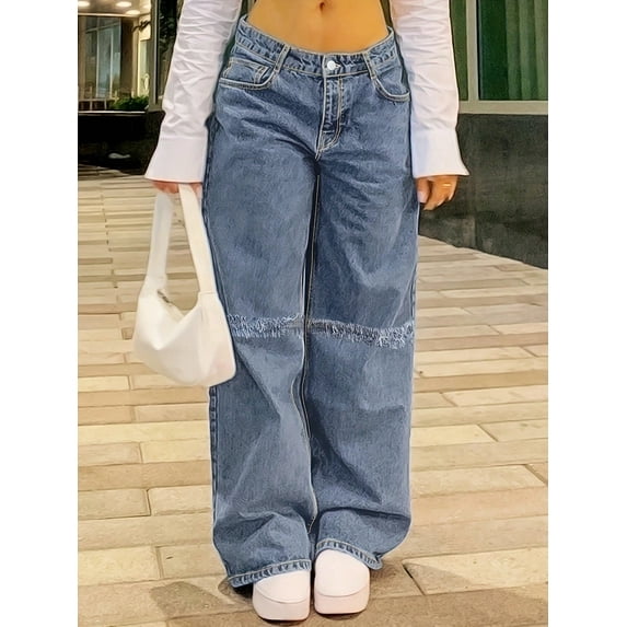 Women's Wide Leg Washed Denim Jeans with Patchwork Frayed Details Stylish Instagram Worthy for Daily Wear