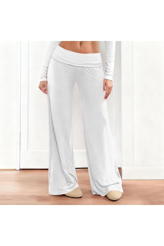 Women's Wide Leg Yoga Pants, Cute Fold Over Sweatpants with Elastic Waistband, Flare Leggings for Yoga, Running, Workout and Daily Wear, Teen Girl Athletic Cotton Pants White