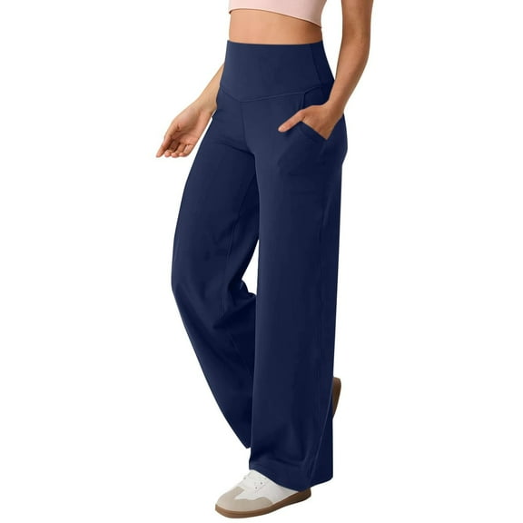 Women's Wide Leg Yoga Pants with Pockets, High Waist Tummy Control Flare Pants, Stretch Straight Leg Athletic Pants, Comfortable Athleisure Wear, Versatile Casual Dress Pants Navy XL