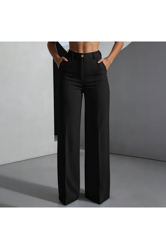 Women's Wide Leg dressy Pants High Waist Button Pleated stretchy Formal Work Trousers with pockets Black XXL