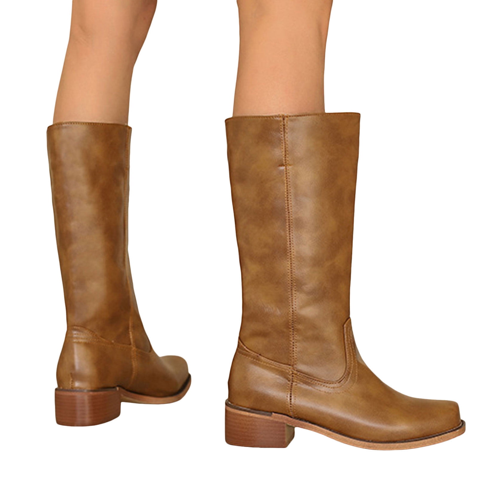 Women's Knee High Cowboy Boots - Western Style Mid Calf Riding Boots With Low Heel