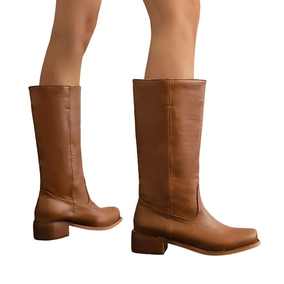 Women's Wide Mid Calf Cowboy Boots Vintage Brown Solid Color Western Cowgirl Boots for Motorcycle Riding Work