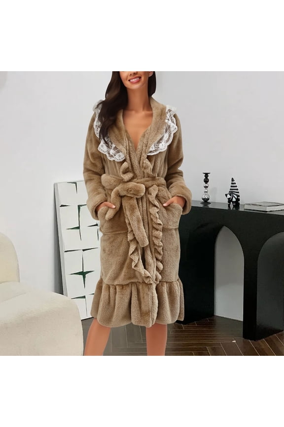 Women's Wide Neck Lace Trim Robe, French Palace Style Fleece Bathrobe with Pockets, Plush Toweling Dressing Gown for Home Spa, Hotel Luxury Wear and Gift Giving Occasions Khaki