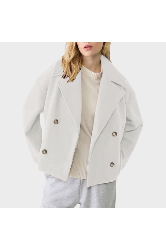 Women's Wide Notch Lapel Cropped Coat, Wool Blend Short Jacket, Double Breasted Long Sleeve Topcoat, Thickened Warm Outerwear, Casual Padded Fall Winter Jacket White XS
