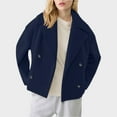 thumbnail image 1 of Women's Wide Notch Lapel Cropped Coat, Wool Blend Short Jacket, Double Breasted Long Sleeve Topcoat, Thickened Warm Outerwear, Casual Padded Fall Winter Jacket Dark Blue S, 1 of 5