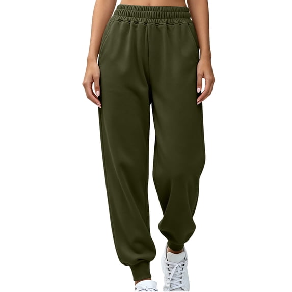 Women's Wide Ribbed Waistband Jogger Sweatpants Side Pockets Elastic Cuffs Loose Balloon Tapered Silhouette for Gym Training Green a XL